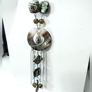 Natural Shell Pendant Necklace with Green Beads & Tassel